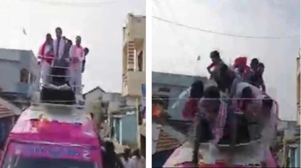 गाड़ी पर खड़े होकर रोड शो कर रहे थे मंत्री और सांसद, ब्रेक लगा तो सब नीचे गिर पड़े (वीडियो)