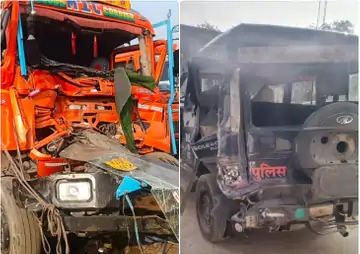 तेज गति से आए ट्रक ने खड़ी हुई पुलिस वैन को मारी टक्कर, एक पुलिसकर्मी की मौत, दूसरा पुलिसकर्मी और ट्रक ड्राइवर घायल