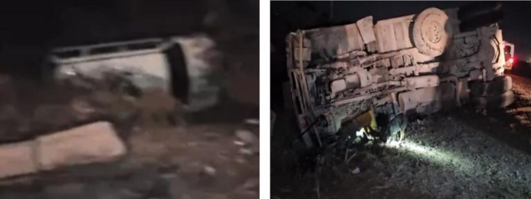 बेकाबू ट्रक की टक्कर से आरपीएस अधिकारी की कार गड्ढे में जा गिरी, ट्रक पलट गया, एक की मौत, तीन घायल